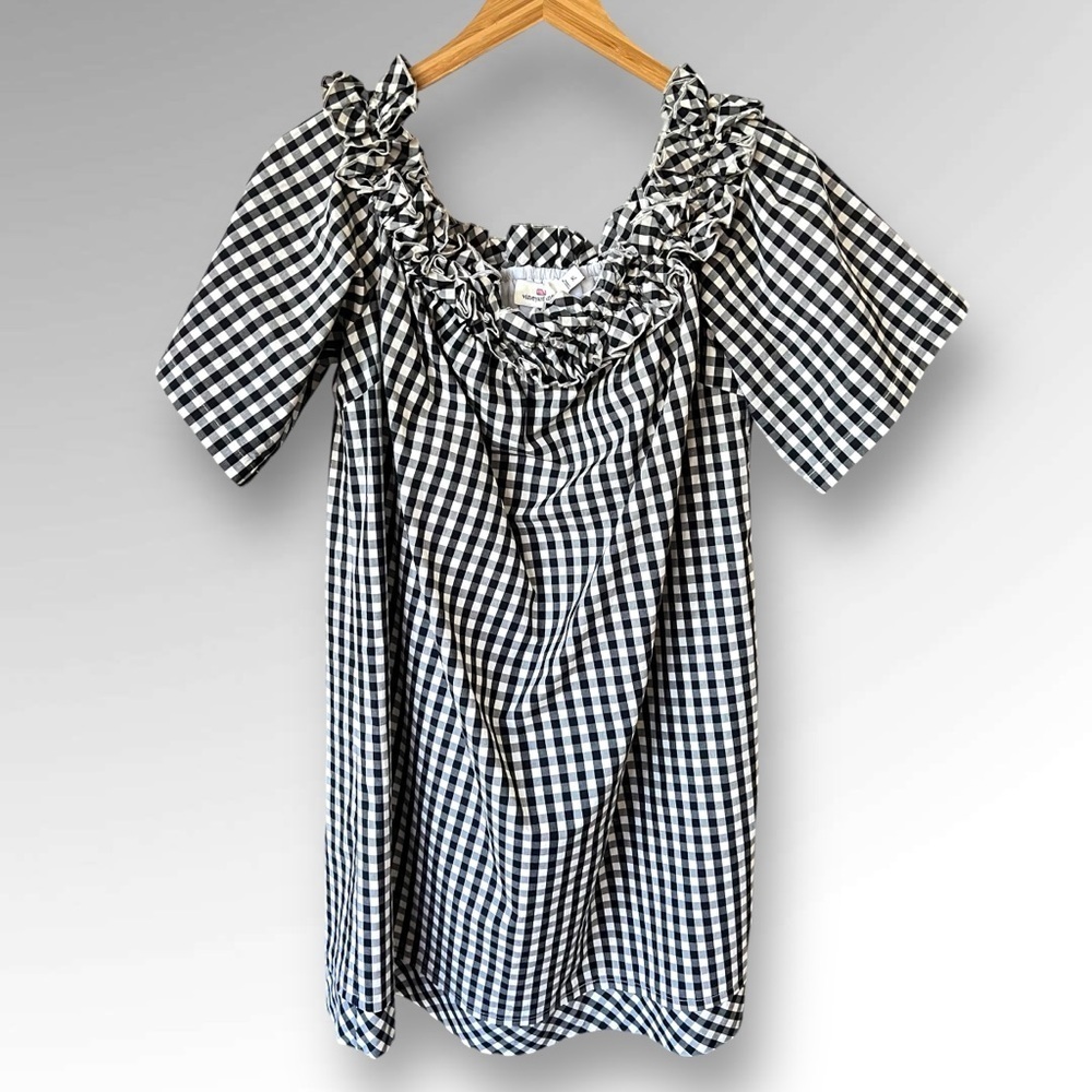 Vineyard Vines Gingham Black And White Off The Shoulders Dress Tunic